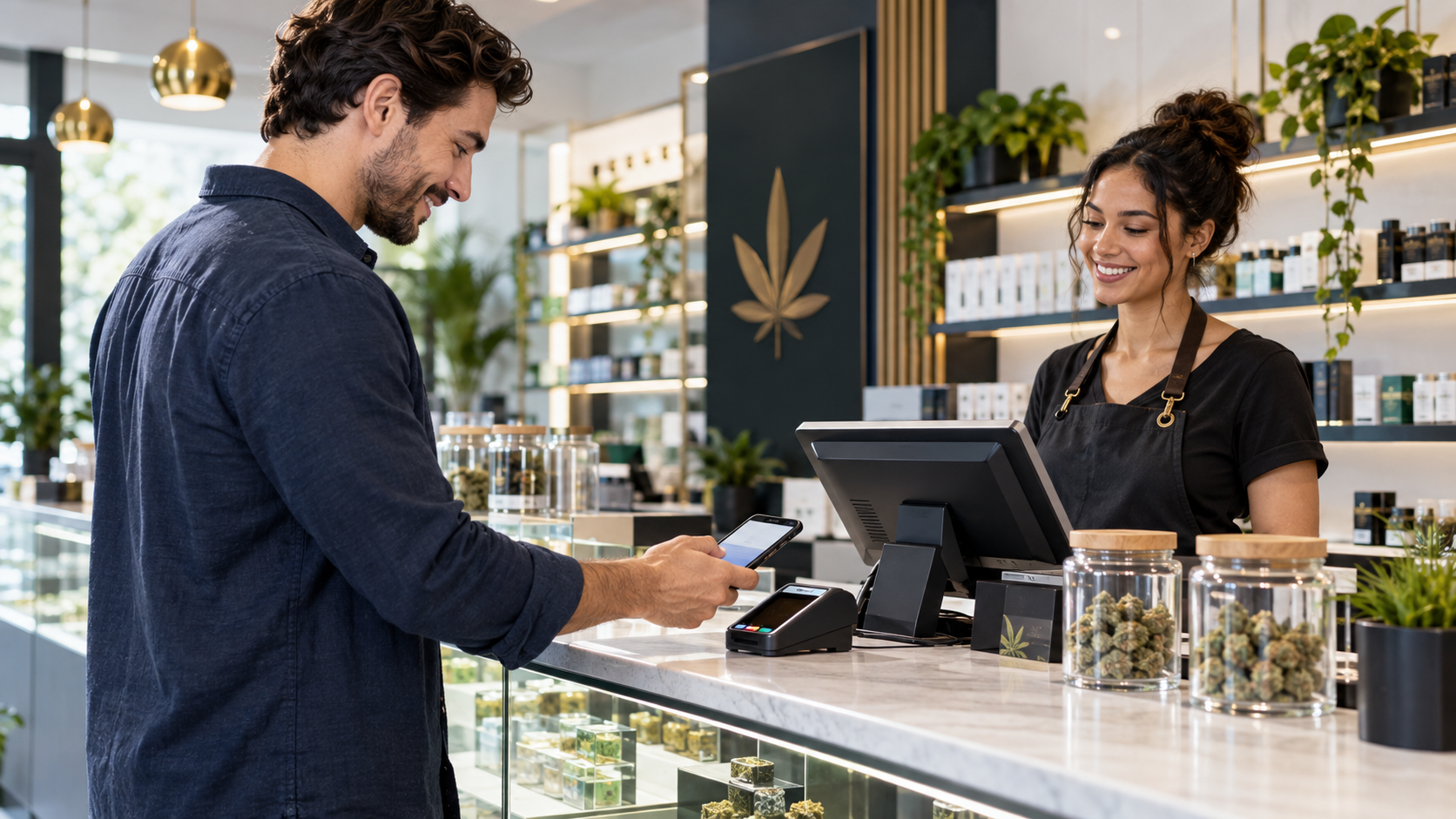 Customer paying by phone at a cannabis dispensary POS